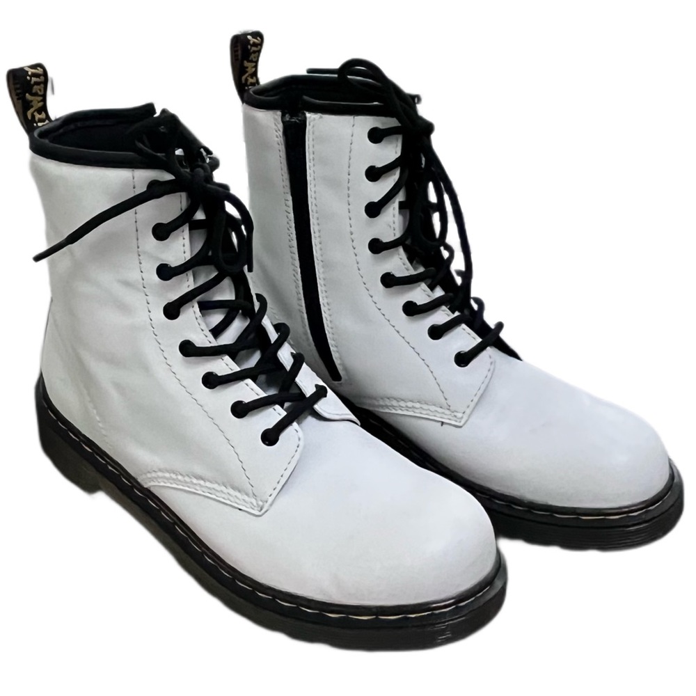 {Dr. Martens} White Black Yellow Stitching Lug Sole Lace Up Combat Boots